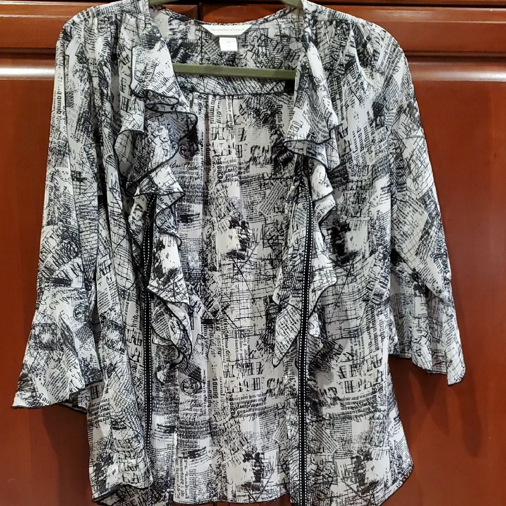 Christopher & Banks Black White Flowy Blouse Newspaper Print Cardigan Sheer Med. - Picture 5 of 16